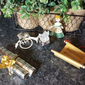 Vtg Kitschy Christmas Ornament Lot Angel Horn Bell music scroll the first  Noel